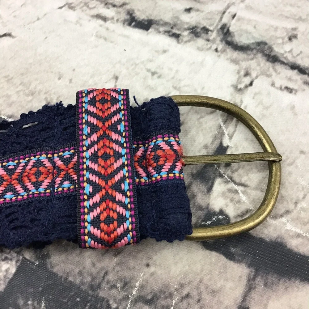Vtg Sz 15 Fabric Belt‎ Navy Blue Lace Trim Pink Stripe Fits 36-41 Waist Boho